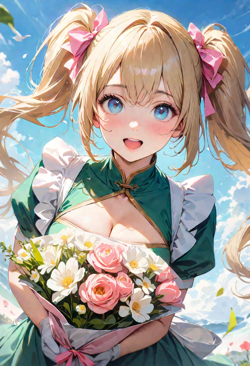 30 years old,1 mature woman,hyperrealistic, 8k, (extremely detailed 8k), (very delicate and beautiful), (masterpiece), (better quality:1.0), (ultra high resolution:1.0), (masterpiece, best quality), cute,blonde,cleavage cutout,(broen dress:1.3),gleaming skin,twintails,twin bun,a pink ribbon on the head,long hair,pastel green chinese maid dress,pastel green chinese dress,white long gloves,hold a bouquet of flowers,face and body straight at the camera,a bunch of flowers,POV,bust shot,white frill,puffy sleeves,laugh with open mouth,tareme,sky blue eyes,short truffle half apron,a gold buckle around someones neck,white corset
