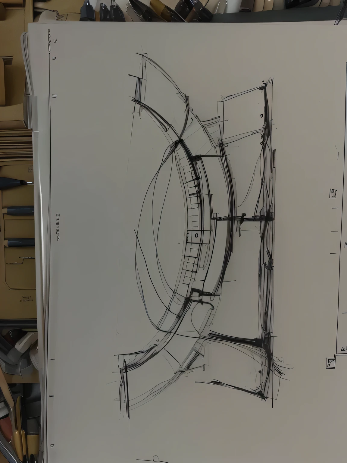 croquis d'un escalier et d'une horloge sur un morceau de papier, croquis technique, dessin conceptuel, croquis architectural, croquis conceptuel, concept architectural, détails dessinés avec précision, concept architecturals, structure détaillée, croquis d'art conceptuel, dessin très détaillé, concept de design, conception d'accessoires, Croquis, Crayon détaillé, dessin technique détaillé, Dessins technique, image conceptuelle, notion d'architecture, illustration de croquis