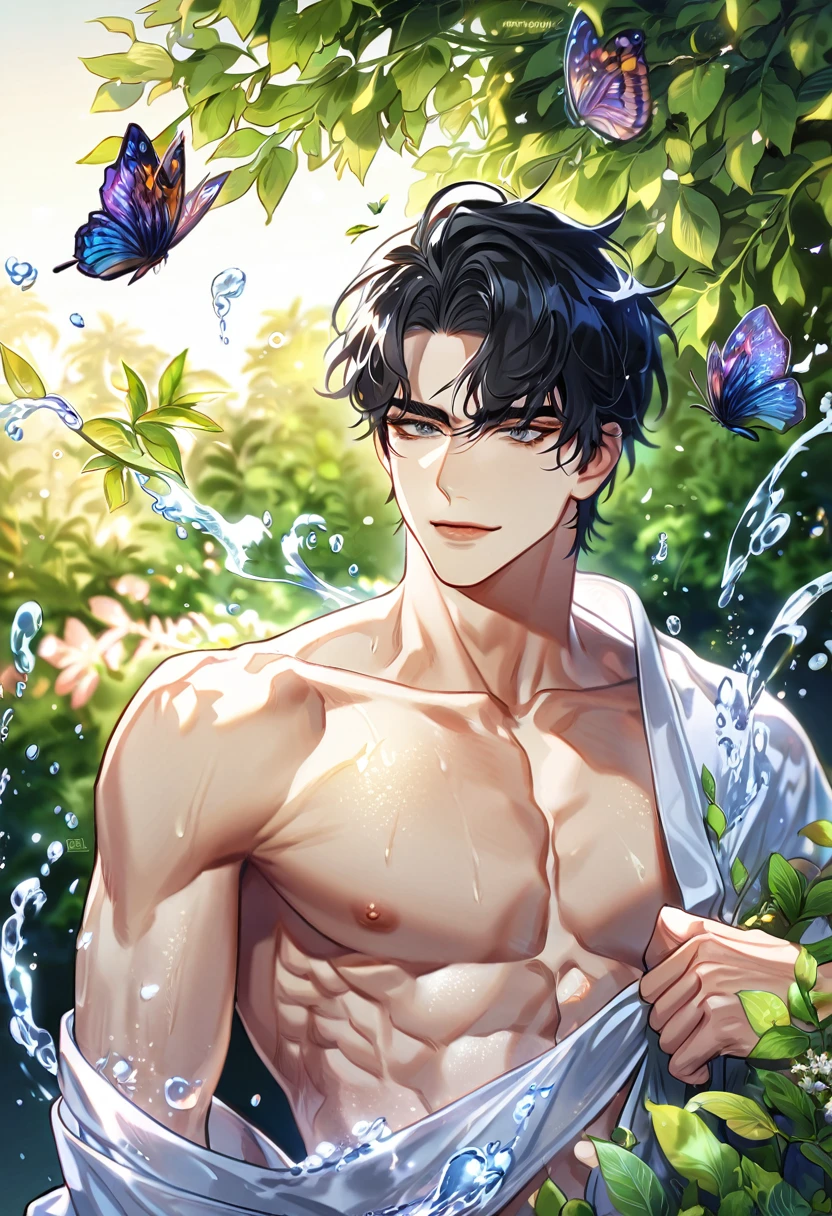absurdres, highres, ultra detailed, HDR, master piece, best quality, extremely detailed face, Yoo Joonghyuk, black hair, expressive gray eyes, omniscient reader's viewpoint, solo, sexy man, handsome, handsome smile, bare chest, toned chest, without shirt, fantasy, magical, butterflies, summer, green leaves, flowers, water