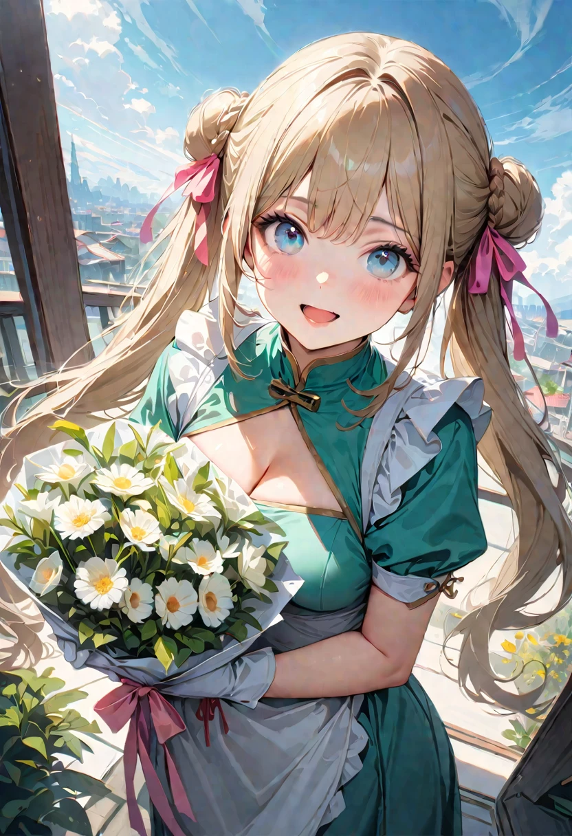 30 years old,1 mature woman,hyperrealistic, 8k, (extremely detailed 8k), (very delicate and beautiful), (masterpiece), (better quality:1.0), (ultra high resolution:1.0), (masterpiece, best quality), cute,blonde,cleavage cutout,(broen dress:1.3),gleaming skin,twintails,twin bun,a pink ribbon on the head,long hair,pastel green chinese maid dress,pastel green chinese dress,white long gloves,hold a bouquet of flowers,face and body straight at the camera,a bunch of flowers,POV,bust shot,white frill,puffy sleeves,laugh with open mouth,tareme,sky blue eyes,short truffle half apron,a gold buckle around someones neck,white corset