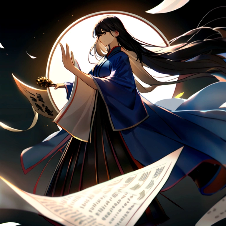 An ancient Chinese scholar,Holding a golden wolf howling brush,Writing is in full swing,Transparent glowing golden Chinese characters hovered in midair,Vertical text,glittery,There are also long scrolls that spin in the wind,The scholar wears a blue robe,Long flowing hair flutters in the wind,16k, hyper HD, high resolution, Very detailed, Best image quality,dynamicposes,Dense Chinese characterulti-paper papers floated,