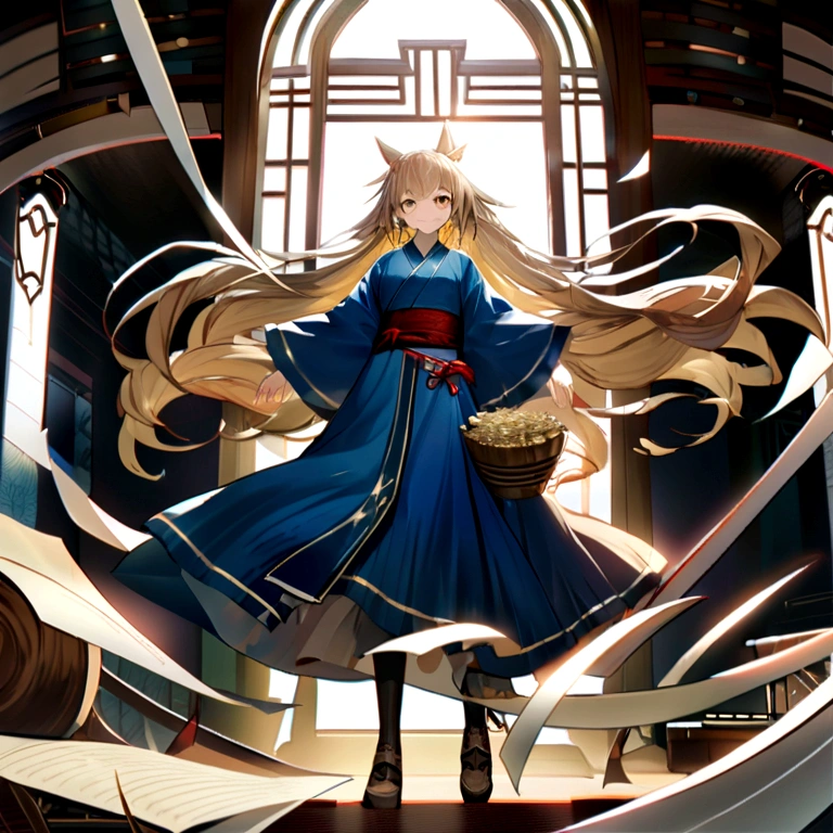 An ancient Chinese scholar，Holding a golden wolf howling brush，Writing is in full swing，Transparent glowing golden Chinese characters hovered in midair，Vertical text，glittery，There are also long scrolls that spin in the wind，The scholar wears a blue robe，Long flowing hair flutters in the wind，16k, hyper HD, high resolution, Very detailed, Best image quality,dynamicposes，Dense Chinese characterulti-paper papers floated，