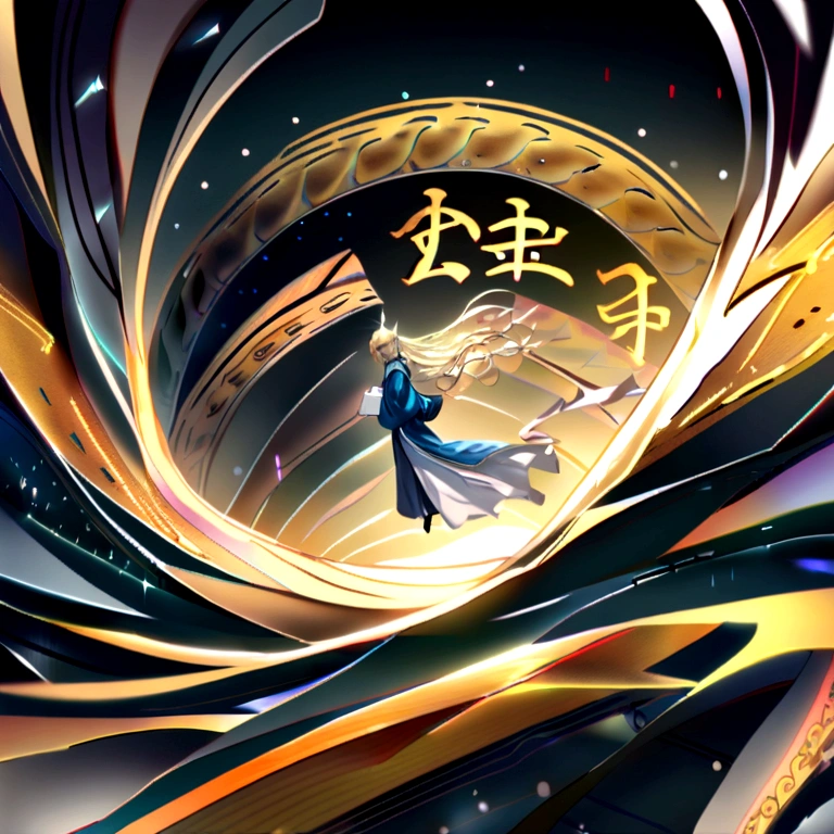An ancient Chinese scholar,Holding a golden wolf howling brush,Writing is in full swing,Transparent glowing golden Chinese characters hovered in midair,Vertical text,glittery,There are also long scrolls that spin in the wind,The scholar wears a blue robe,Long flowing hair flutters in the wind,16k, hyper HD, high resolution, Very detailed, Best image quality,dynamicposes,Dense Chinese characterulti-paper papers floated,