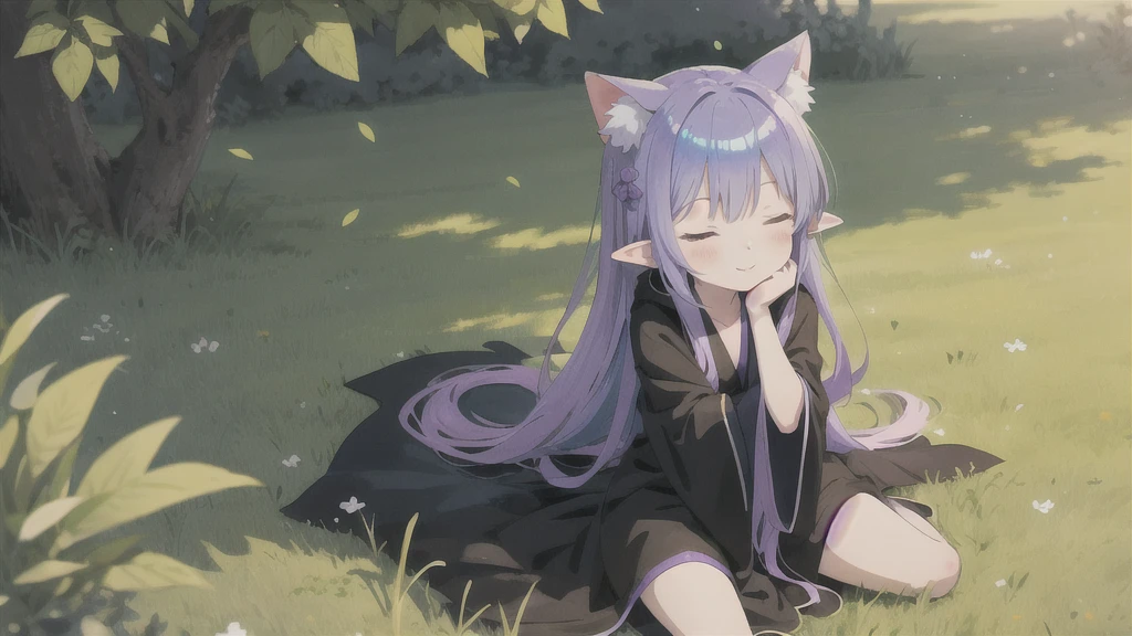 anime girl long purple hair wearing a black Robe. she has pointy ears. Manga kawaii. iridescent ,An illustration, 0ne person .Sitting in the grass, hair blowing in the wind, Eyes closed