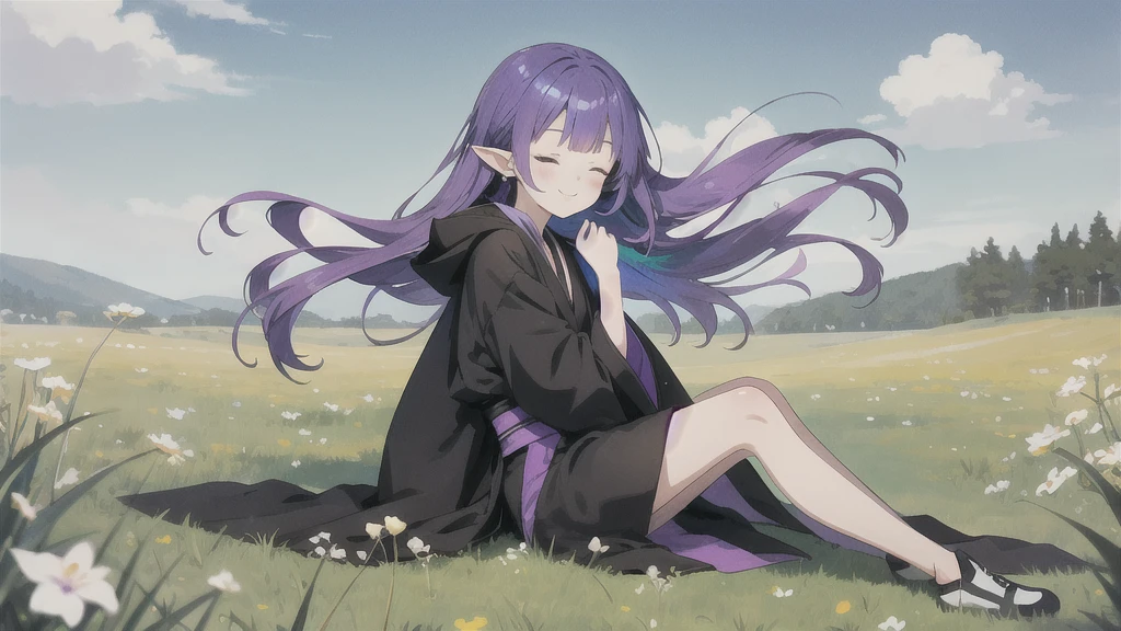 anime girl long purple hair wearing a black Robe. she has pointy ears. Manga kawaii. iridescent ,An illustration, 0ne person .Sitting in the grass, hair blowing in the wind, Eyes closed