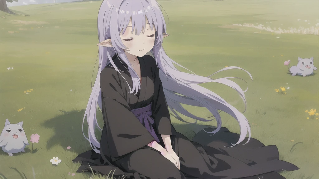 anime girl long purple hair wearing a black Robe. she has pointy ears. Manga kawaii. iridescent ,An illustration, 0ne person .Sitting in the grass, hair blowing in the wind, Eyes closed