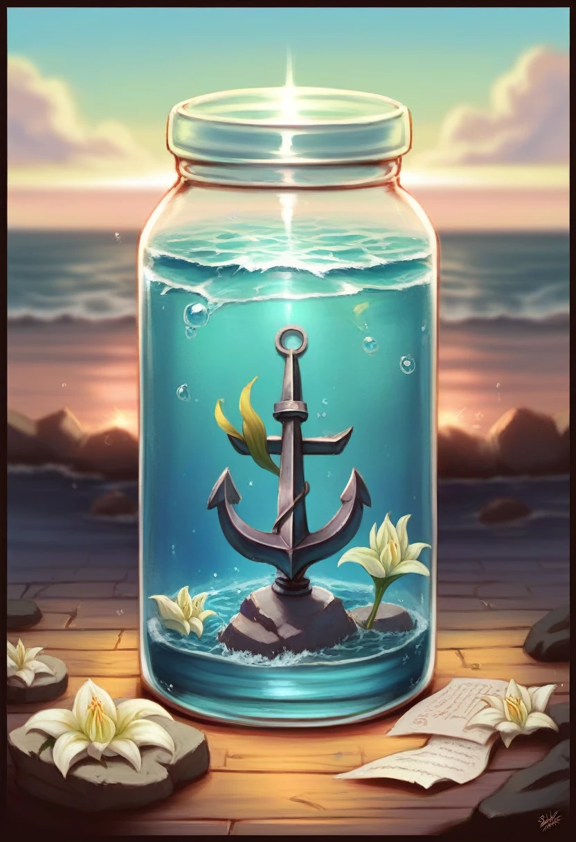 a sombre mermaid trapped in a jar, angrily trying to escape, turquoise, lilies, anchor, sailor looking at the moon, rocks, waves, best quality, 4k, 8k, highres, masterpiece:1.2, ultra-detailed, realistic, photorealistic, photo-realistic:1.37, HDR, UHD, studio lighting, ultra-fine painting, sharp focus, physically-based rendering, extreme detail description, professional, vivid colors, bokeh, fantasy, surreal