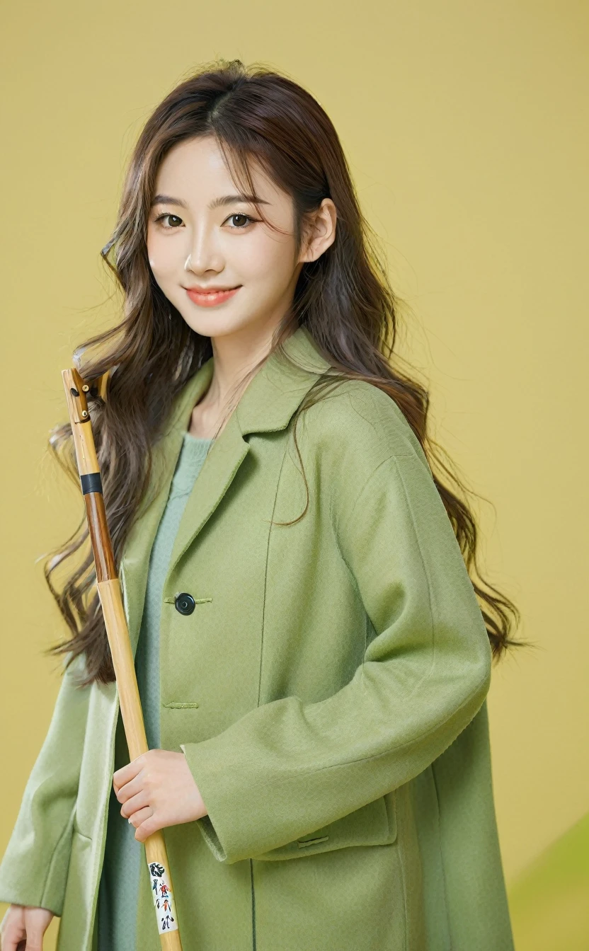 Realistic,Japanese young idol one girl portrait,Upper Body,Silvery, loosely wavy long hair,indoor,Carrying a walking stick,Simple yellow-green background,smile,Tilting face,Wearing a green long coat,Popular Korean makeup,photoRealistic,