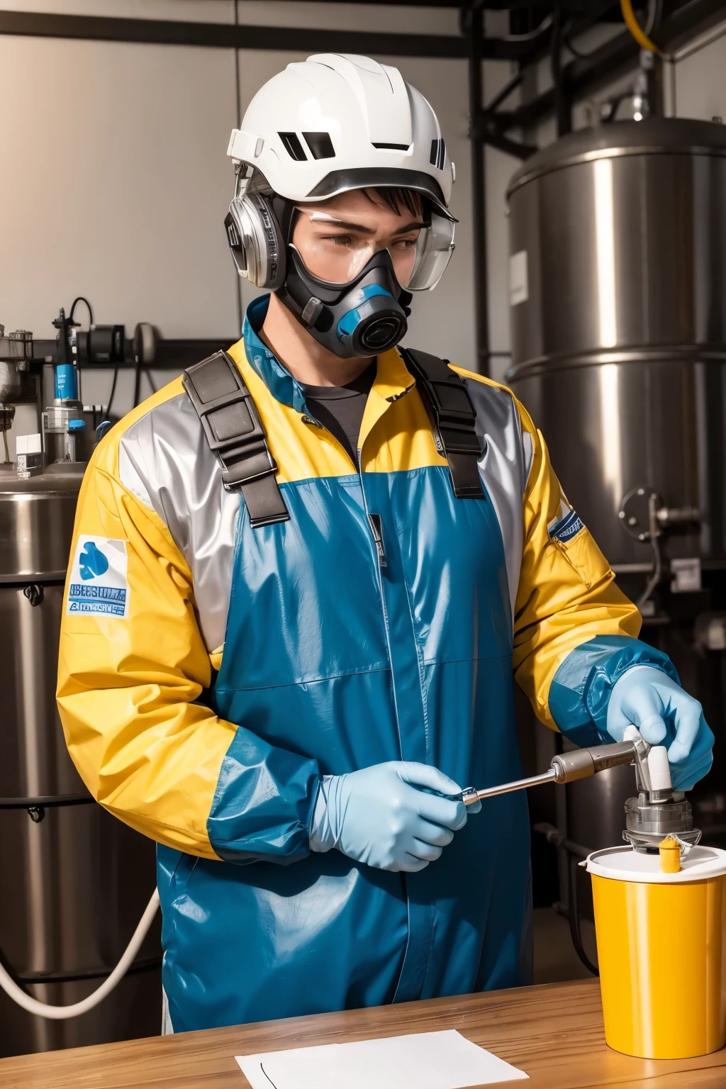 draw a realistic drawing of a man wearing protective clothing against industrial chemicals, this man must be inserting soda into a caustic soda dosing pump, This pump fills a large tank, the environment must be very robust and very industrial