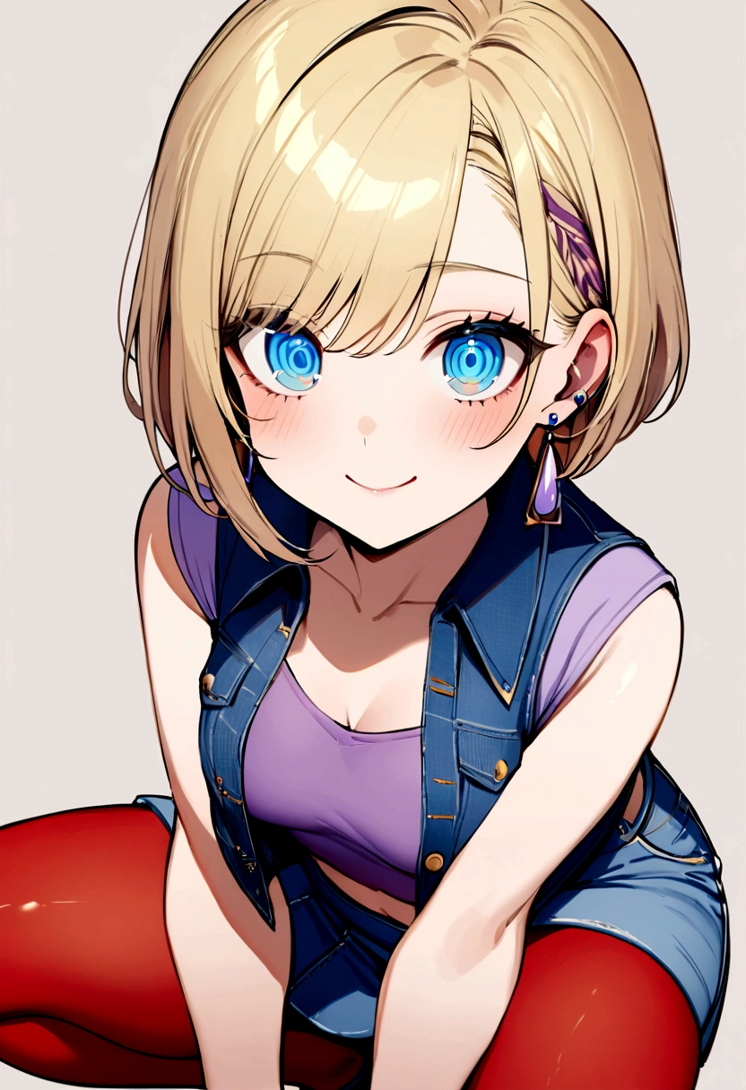 Highest quality, High resolution, And 18, One Girl, alone, Blonde, blue eyes, short hair, Earrings, jewelry, Denim short sleeve vest, Open Vest, Red Pantyhose, Purple sports bra, Jeans Mini Skirt, Blue mini skirt, Medium chest、Squat pose、Arms folded behind back、Provocative eyes、Devilishly cute smile