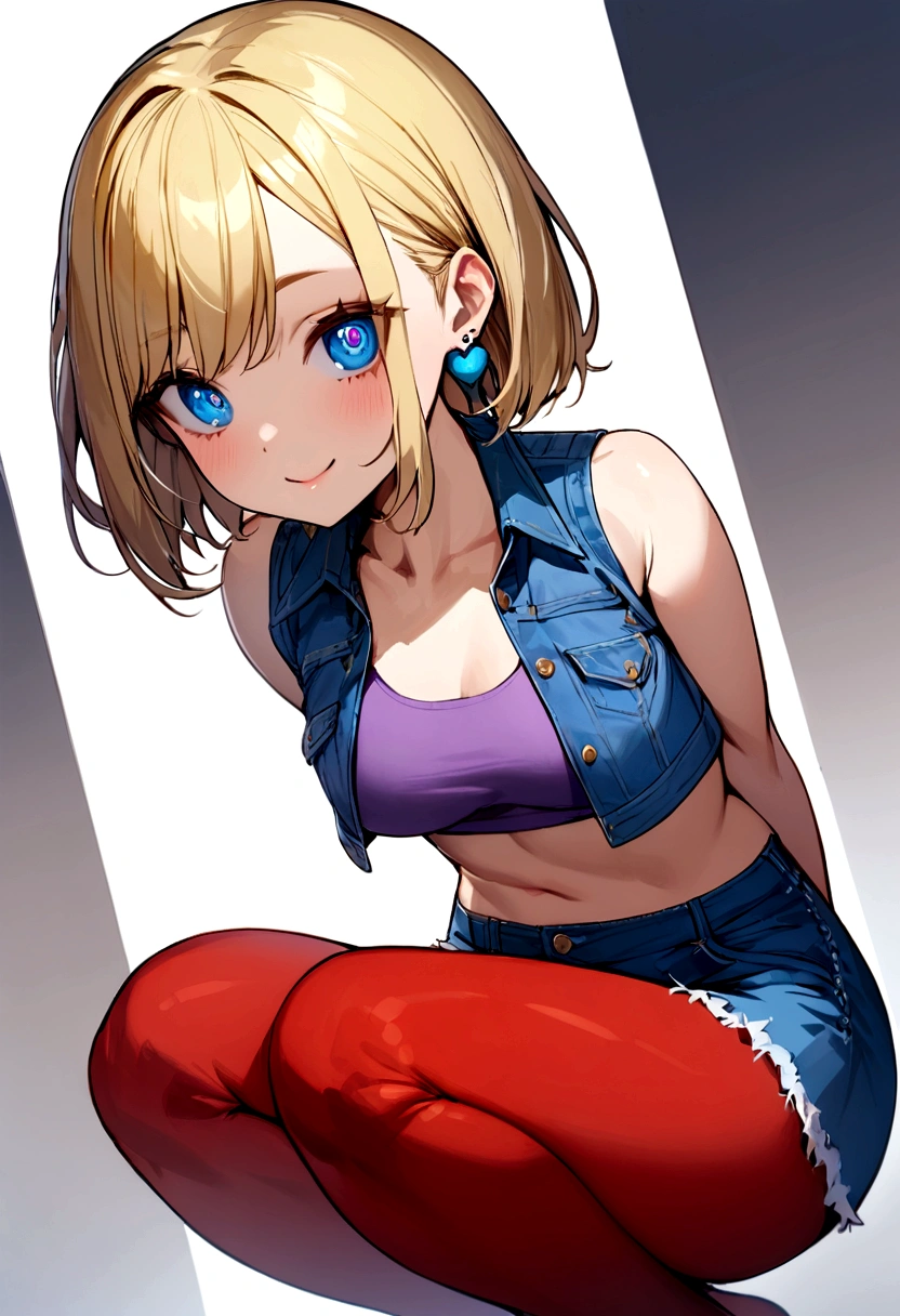 Highest quality, High resolution, And 18, One Girl, alone, Blonde, blue eyes, short hair, Earrings, jewelry, Denim short sleeve vest, Open Vest, Red Pantyhose, Purple sports bra, Jeans Mini Skirt,  Blue mini skirt, Medium chest、Squat pose、Arms folded behind back、Provocative eyes、Devilishly cute smile