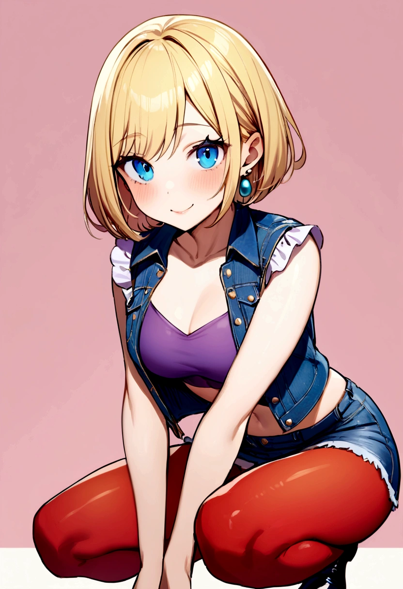 Highest quality, High resolution, And 18, One Girl, alone, Blonde, blue eyes, short hair, Earrings, jewelry, Denim short sleeve vest, Open Vest, Red Pantyhose, Purple sports bra, Jeans Mini Skirt,  Blue mini skirt, Medium chest、Squat pose、Arms folded behind back、Provocative eyes、Devilishly cute smile