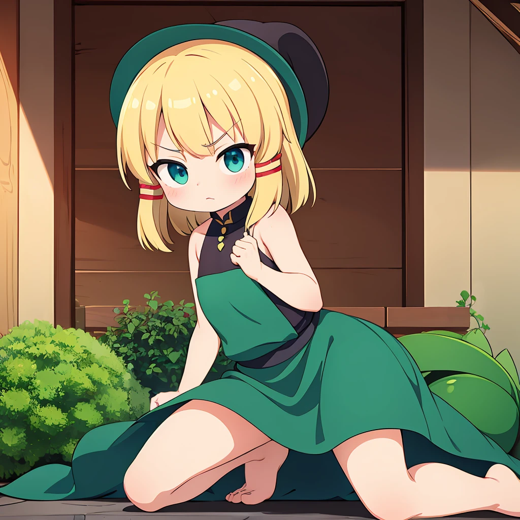 ((Highest quality)), ((masterpiece)), (detailed), Moriya  Suwako short hair middle breasts  vagina Cute face  Angry face 太もも　Blonde　Inner thighs　Kneeling