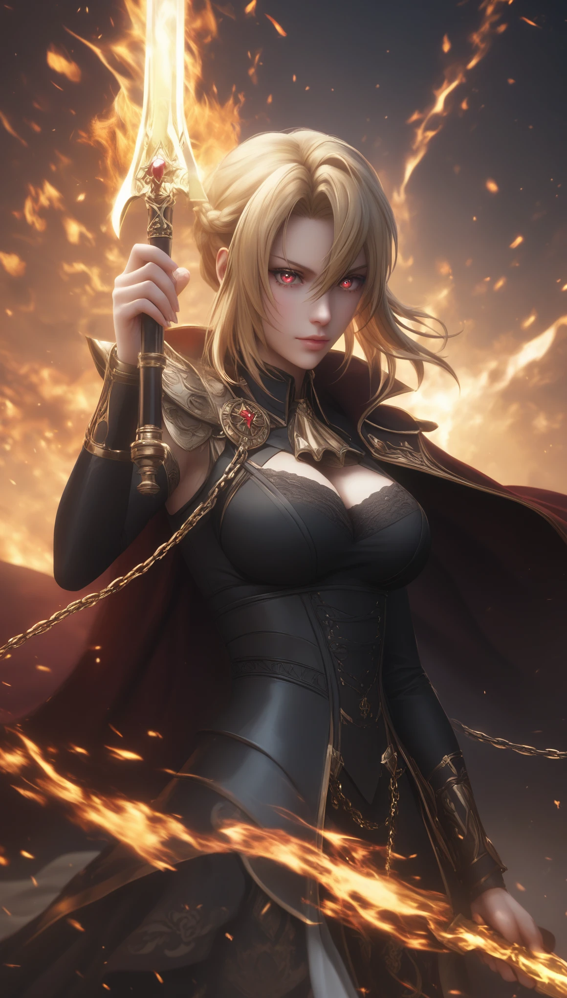 score_9, score_8_up, score_7_up, score_6_up, uncensored, angelica, blonde hair, braid, red eyes, BREAK (masterpiece:1.2), best quality, high resolution, (beautiful detailed eyes:1.3), perfect lighting, (perfect hands, perfect anatomy), large breasts, breasts, epic art, fantasy, fire, 1girl, solo, cape, weapon, holding, chain, jewelry, standing, lips, magic, looking_at_viewer, closed_mouth, holding_weapon, flame, burning, glow effects, godrays, Hand drawn, Vivid colors, extremely detailed CG unity 8k wallpaper, trending on CGSociety, Intricate, High Detail, dramatic,