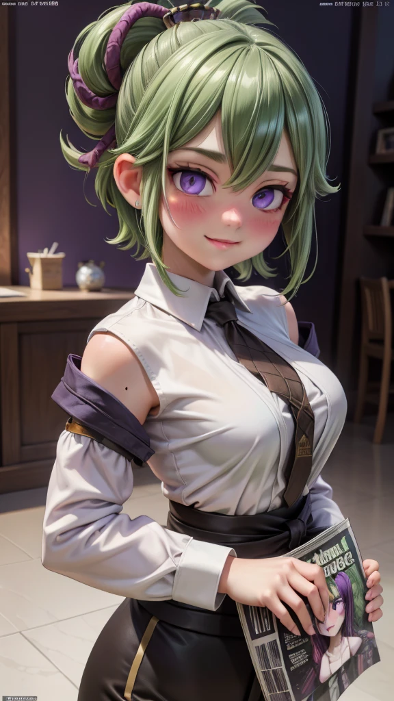 solo girl, upper body, white shirt, dark green hair, purple eyes, ((8k, hyper-realistic art, High Res)), ultra realistic, blushing, smiling at viewer, ((magazine cover))