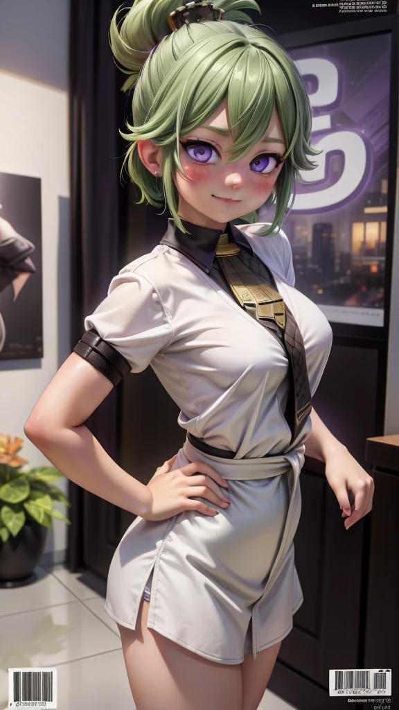 solo girl, upper body, white shirt, dark green hair, purple eyes, ((8k, hyper-realistic art, High Res)), ultra realistic, blushing, smiling at viewer, ((magazine cover))