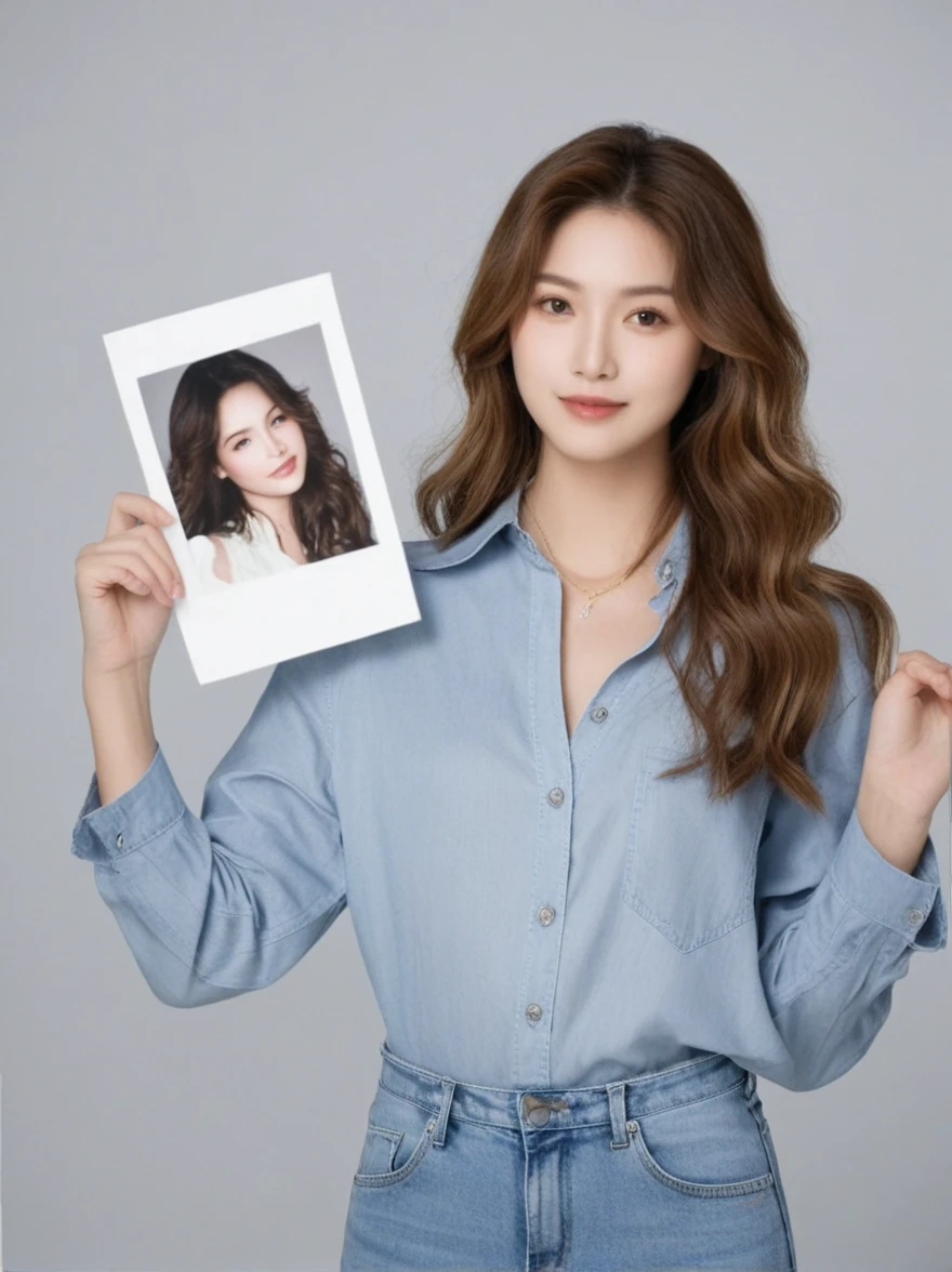 a man holding up a picture of a woman and a man,studio background,brown wavy hair,collar shirt,straight jeans,male,caucasian,adult,photography, soft lighting, upper body, detailed, best quality