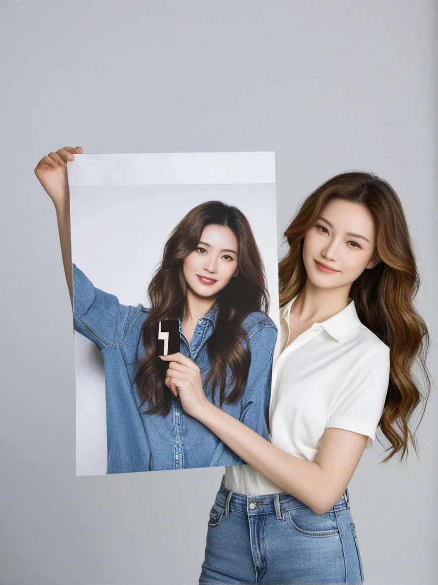 a man holding up a picture of a woman and a man,studio background,brown wavy hair,collar shirt,straight jeans,male,caucasian,adult,photography, soft lighting, upper body, detailed, best quality