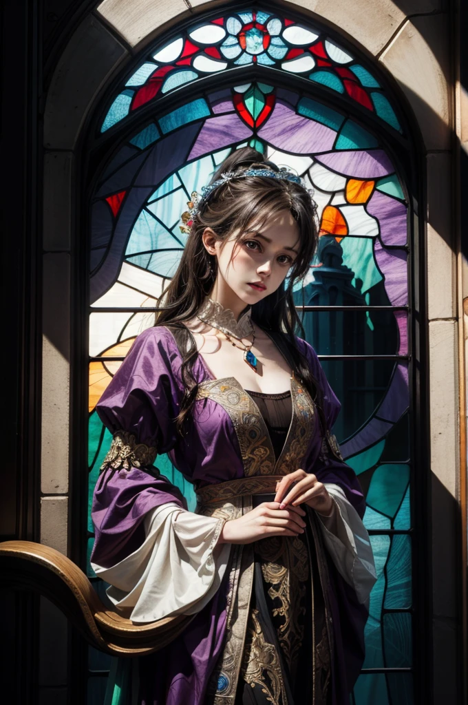 a picture of a stained glass window, intricate art, by Mario Dubsky, stained glass art, amethyst stained glass, detailed art in color, by Robert Richenburg, by Adrienn Henczné Deák