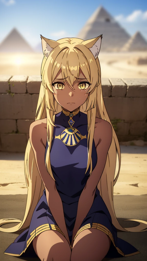 1girl ,solo,20s,mature female,blonde hair,long hair,cat ears,yellow eyes,(((dark skin))),(Egypt, blue sky, sun),egypt oufit,bare shoulders,looking at view,sad,crying,sitting