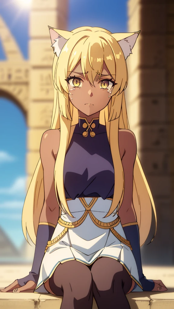 1girl ,solo,20s,mature female,blonde hair,long hair,cat ears,yellow eyes,(((dark skin))),(Egypt, blue sky, sun),egypt oufit,bare shoulders,looking at view,sad,crying,sitting