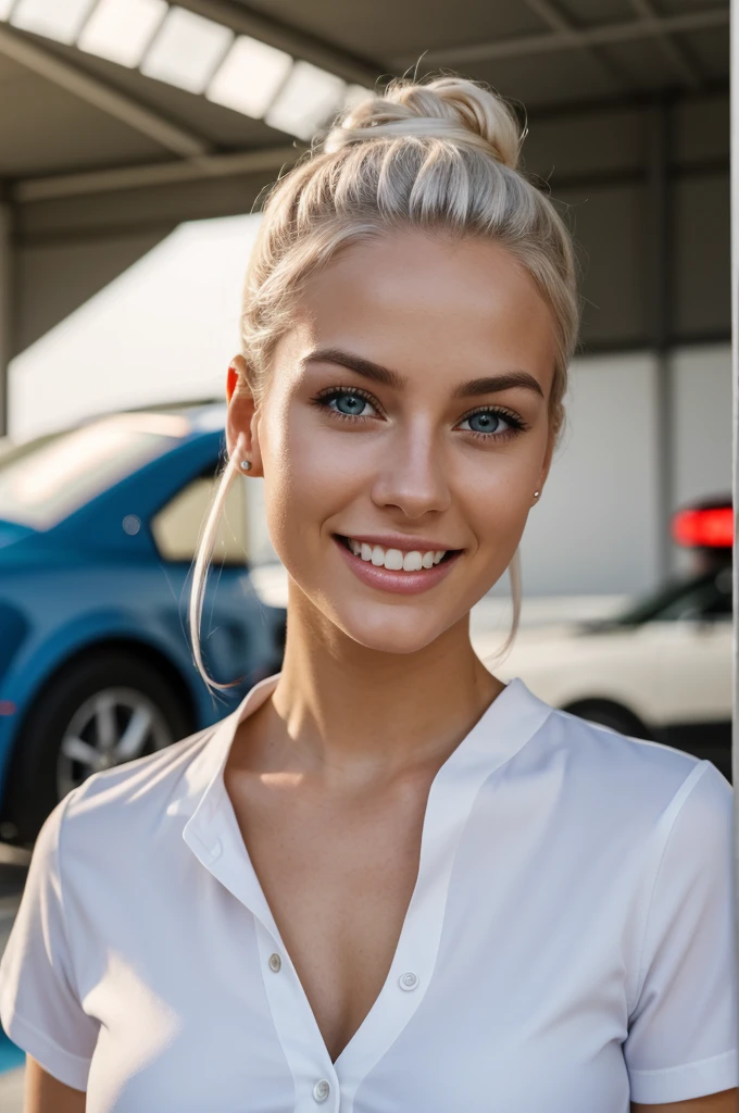 gorgeous, beautiful, 21 years old scandinavian, white hair in a bun, best photo ever, men magazine portrait,Happy 4th of July themed shirt on, america colors beautiful smile, perfect teeth, seductive, flirty, face photo, (((she is at the american car show))), racetrack, background, smiling, detailed skin, realistic, photo-realistic, 8k sharp focus, highly detailed, full length frame, High detail RAW color art, piercing, diffused soft lighting, shallow depth of field, sharp focus, hyperrealism, cinematic lighting