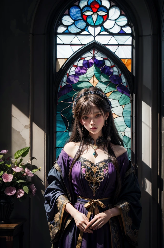 a picture of a stained glass window, intricate art, by Mario Dubsky, stained glass art, amethyst stained glass, detailed art in color, by Robert Richenburg, by Adrienn Henczné Deák