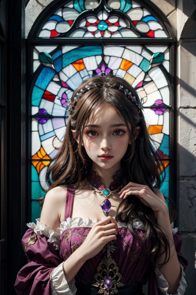 a picture of a stained glass window, intricate art, by Mario Dubsky, stained glass art, amethyst stained glass, detailed art in color, by Robert Richenburg, by Adrienn Henczné Deák