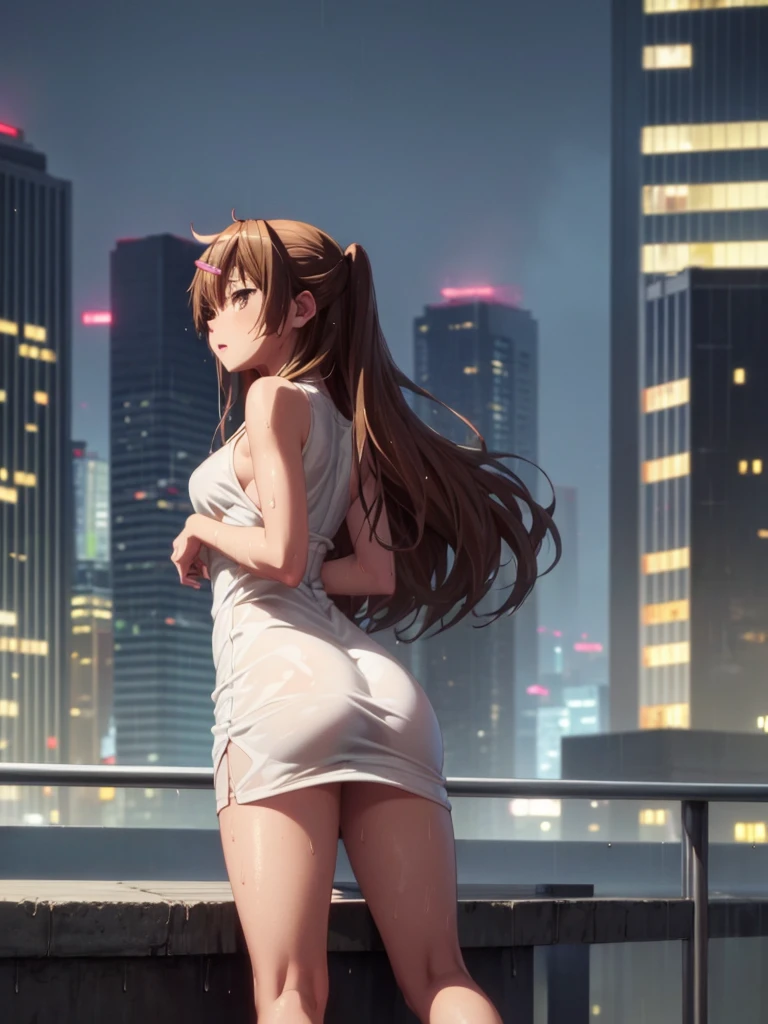 Girl, short tight dress , You can see her breasts, Skyscraper balcony background, openlegs, night, Bare chest, small breast, slim body, Sneakers , wet body, Wet hair, rain, tokyo, Rear view, You can see the ass