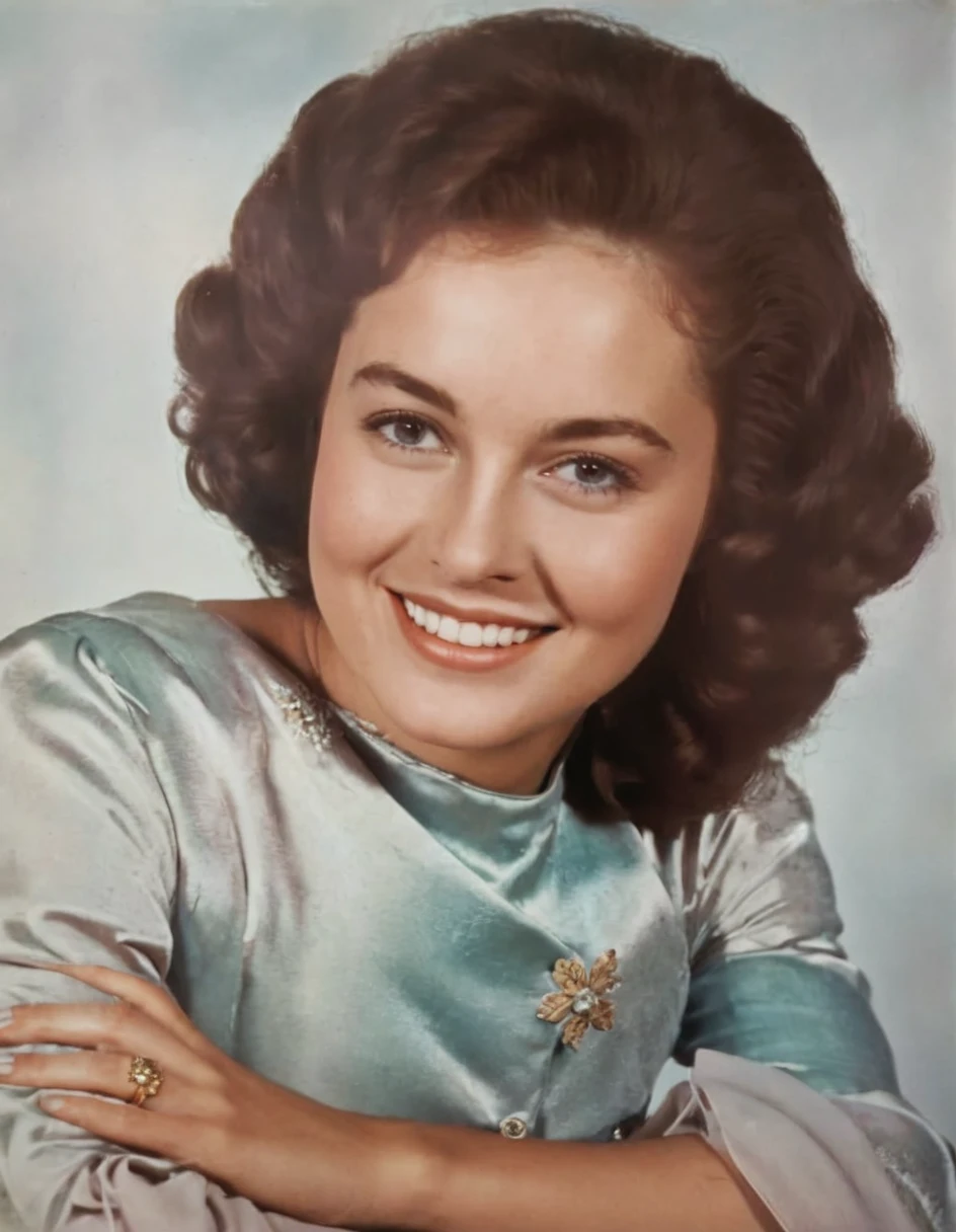 a close up of a woman with a smile on her face, dolores abernathy, photo of a woman, photo of young woman, a colorized photo, in her early 20s, color portrait, color studio portrait, profile picture, taken in the early 2020s, old color photo, moleksandra shchaslyva, in her early 3 0, hair detail