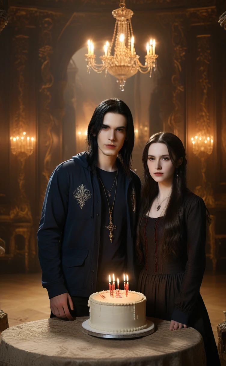 A (((gothic young man))) with long, flowing, (((black straight hair))), pale, (((white skin))), featuring soft, oval-shaped facial features and brown, (((gentle eyes))), decorated with (((Victorian-style ornaments))), standing in a (dimly lit room) with (baroque elements) complementing his appearance, while a (beautiful woman) in a (navy blue hoodie with red and brown grass) holds a (birthday cake with 'YAA' written on it), under ambient light that emphasizes its intricate contours and shiny silver accents, with intricate fabric textures and advanced digital painting, all set against very fine details.