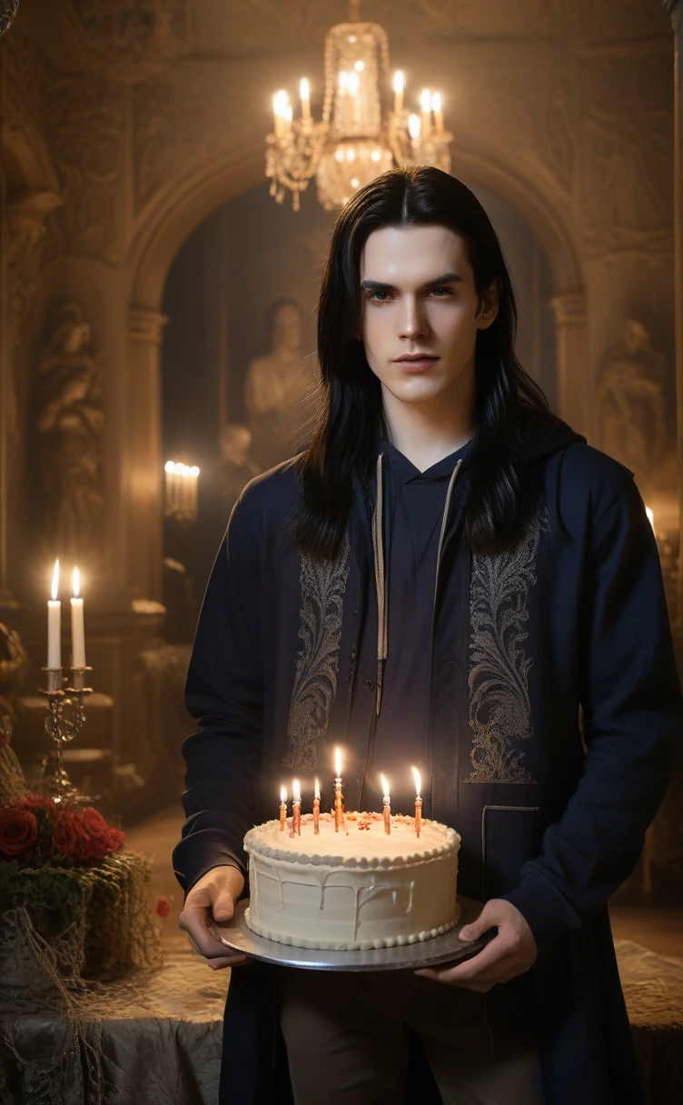 A (((gothic young man))) with long, flowing, (((black straight hair))), pale, (((white skin))), featuring soft, oval-shaped facial features and brown, (((gentle eyes))), decorated with (((Victorian-style ornaments))), standing in a (dimly lit room) with (baroque elements) complementing his appearance, while a (beautiful woman) in a (navy blue hoodie with red and brown grass) holds a (birthday cake with 'YAA' written on it), under ambient light that emphasizes its intricate contours and shiny silver accents, with intricate fabric textures and advanced digital painting, all set against very fine details.