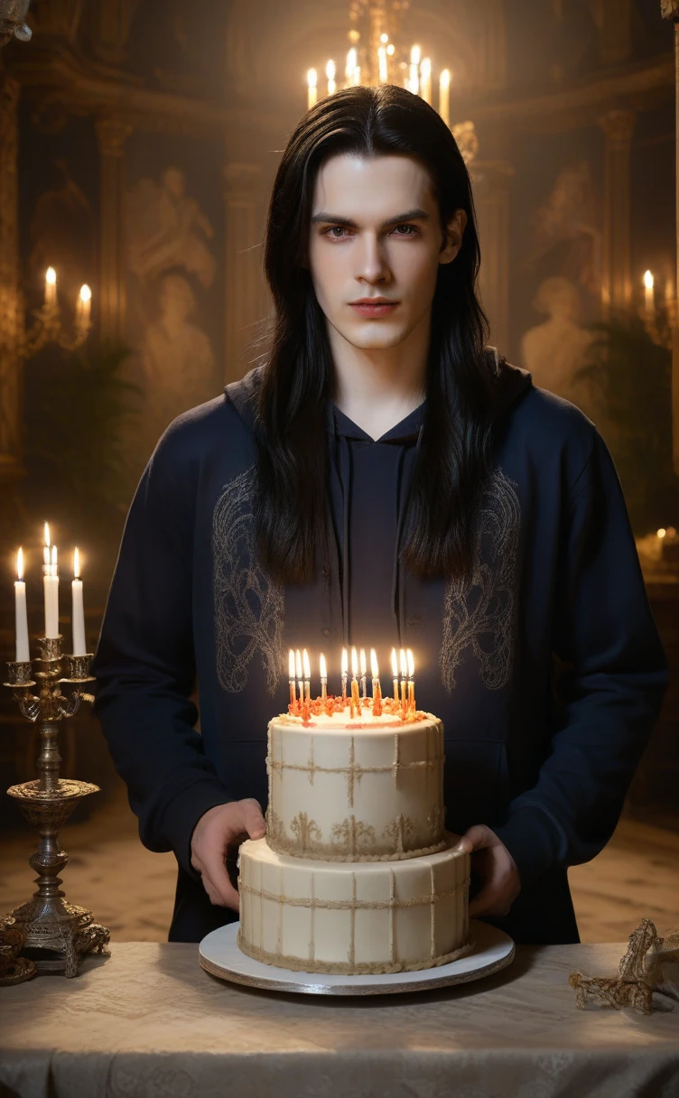 A (((gothic young man))) with long, flowing, (((black straight hair))), pale, (((white skin))), featuring soft, oval-shaped facial features and brown, (((gentle eyes))), decorated with (((Victorian-style ornaments))), standing in a (dimly lit room) with (baroque elements) complementing his appearance, while a (beautiful woman) in a (navy blue hoodie with red and brown grass) holds a (birthday cake with 'YAA' written on it), under ambient light that emphasizes its intricate contours and shiny silver accents, with intricate fabric textures and advanced digital painting, all set against very fine details.