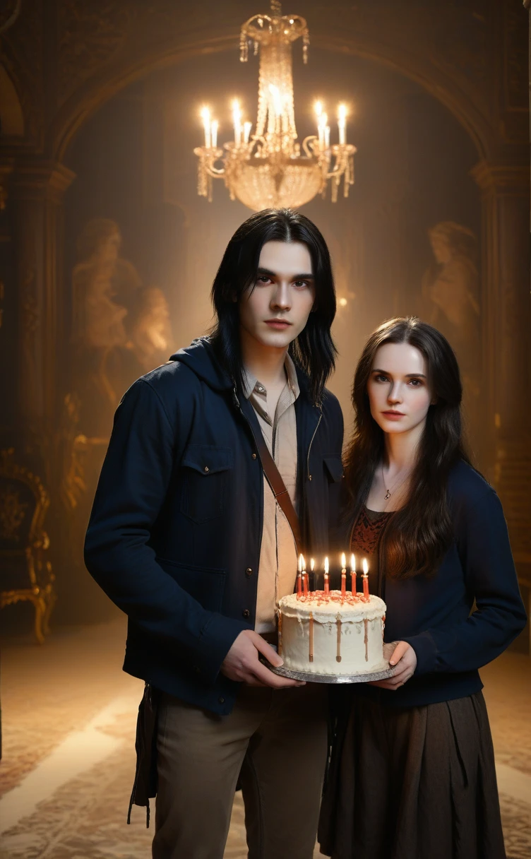 A (((gothic young man))) with long, flowing, (((black straight hair))), pale, (((white skin))), featuring soft, oval-shaped facial features and brown, (((gentle eyes))), decorated with (((Victorian-style ornaments))), standing in a (dimly lit room) with (baroque elements) complementing his appearance, while a (beautiful woman) in a (navy blue hoodie with red and brown grass) holds a (birthday cake with 'YAA' written on it), under ambient light that emphasizes its intricate contours and shiny silver accents, with intricate fabric textures and advanced digital painting, all set against very fine details.