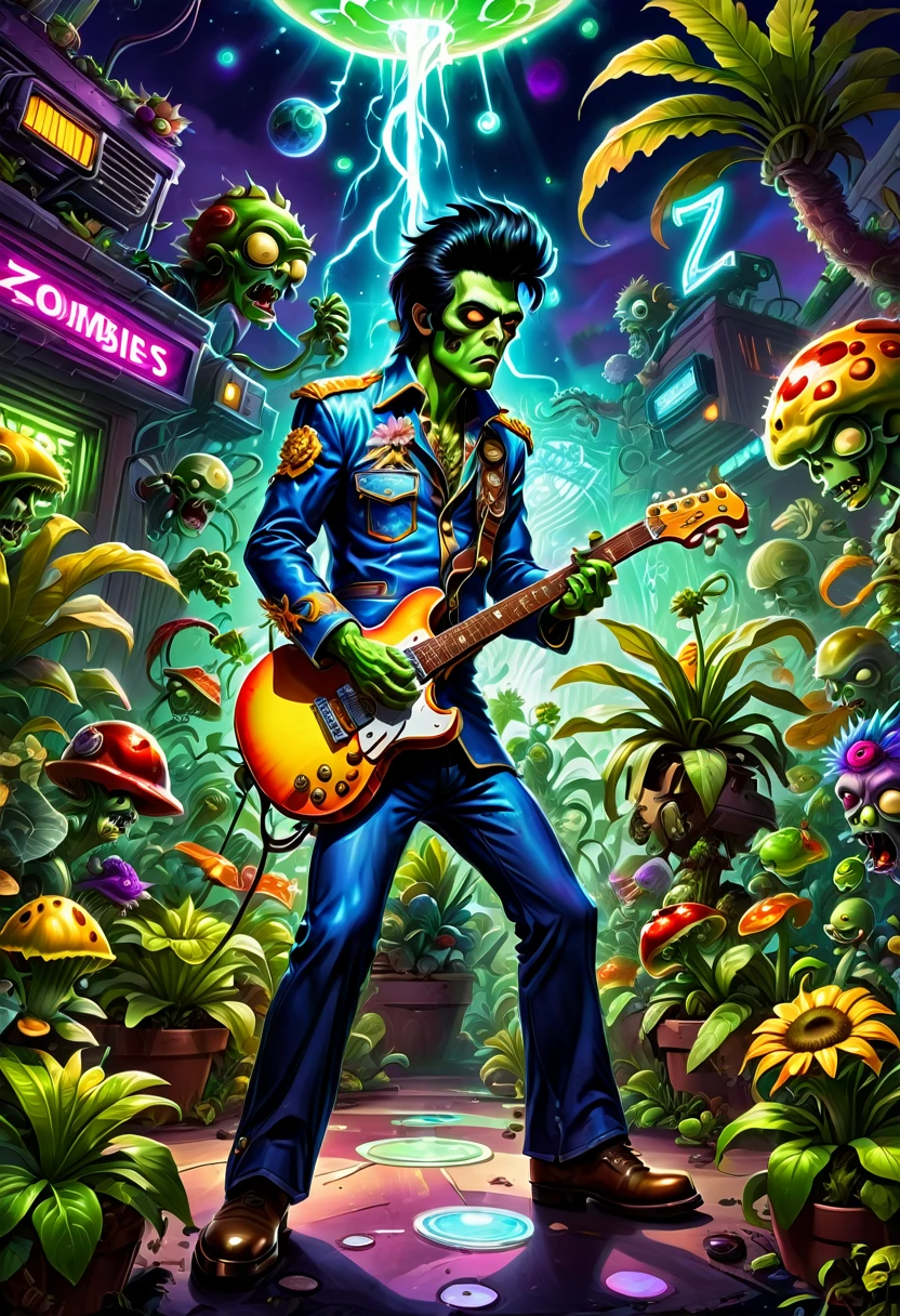 a Zombie dressed like Elvis Presley, hair, electric guitar, disco, game "Plants vs. Zombies", full body, cinematic still, cinemascope, best quality, masterpiece, very aesthetic, perfect composition, intricate details, ultra-detailed, vivid colors