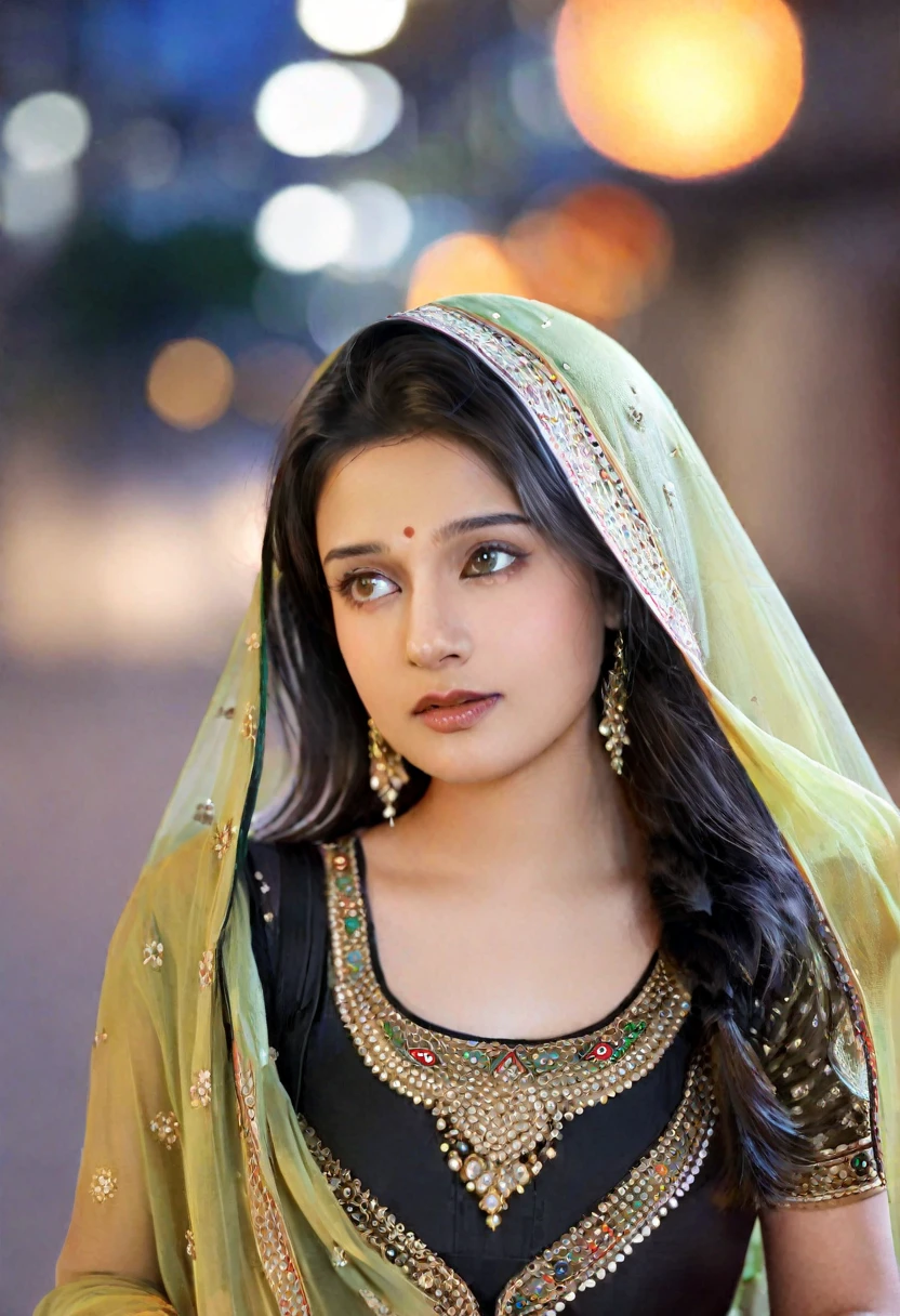 (((desi girl))), chubby face, natural skin, wearing hot deep neck top and dupatta, charming black hair, ((hair ends are blonde)), city streets background, bokeh