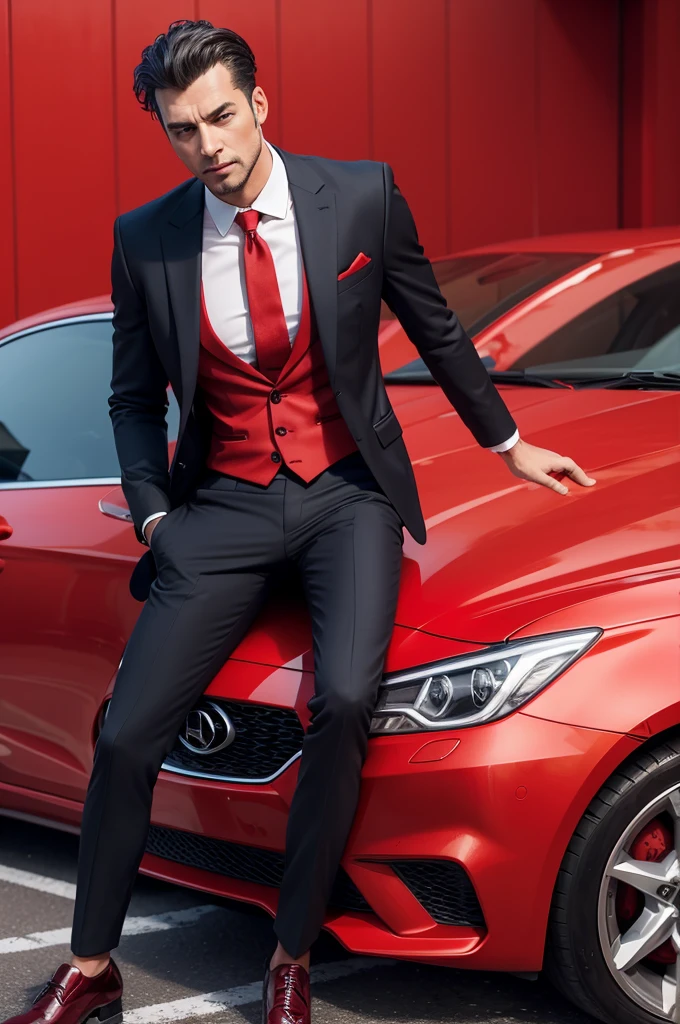 Make a man in a suit with a red background with writing around car wash tycoon
