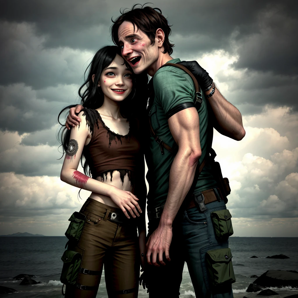 The last human on earth giggles and kisses an nother human at the end of time. Be creative. Post-apocalypse.