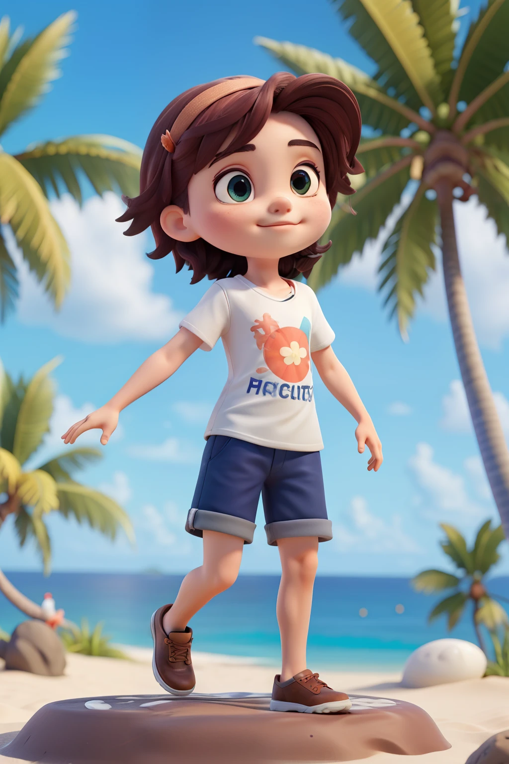 ((best quality)), ((masterpiece)), (detailed), 5villageboys and girls are running in the sea(random moves), wearing casual t-shirts different colors each others, there is coconut trees, white sands at the beach.