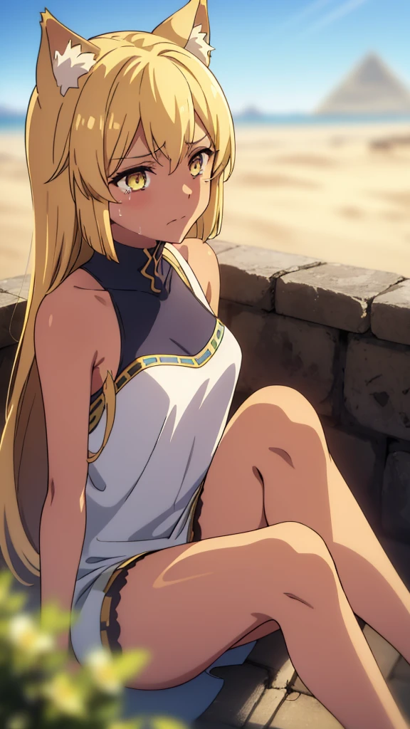 1girl ,solo,20s,mature female,blonde hair,long hair,cat ears,yellow eyes,(((tanned skin))),(Egypt, blue sky, sun),egypt oufit,bare shoulders,looking at view,sad,crying,sitting