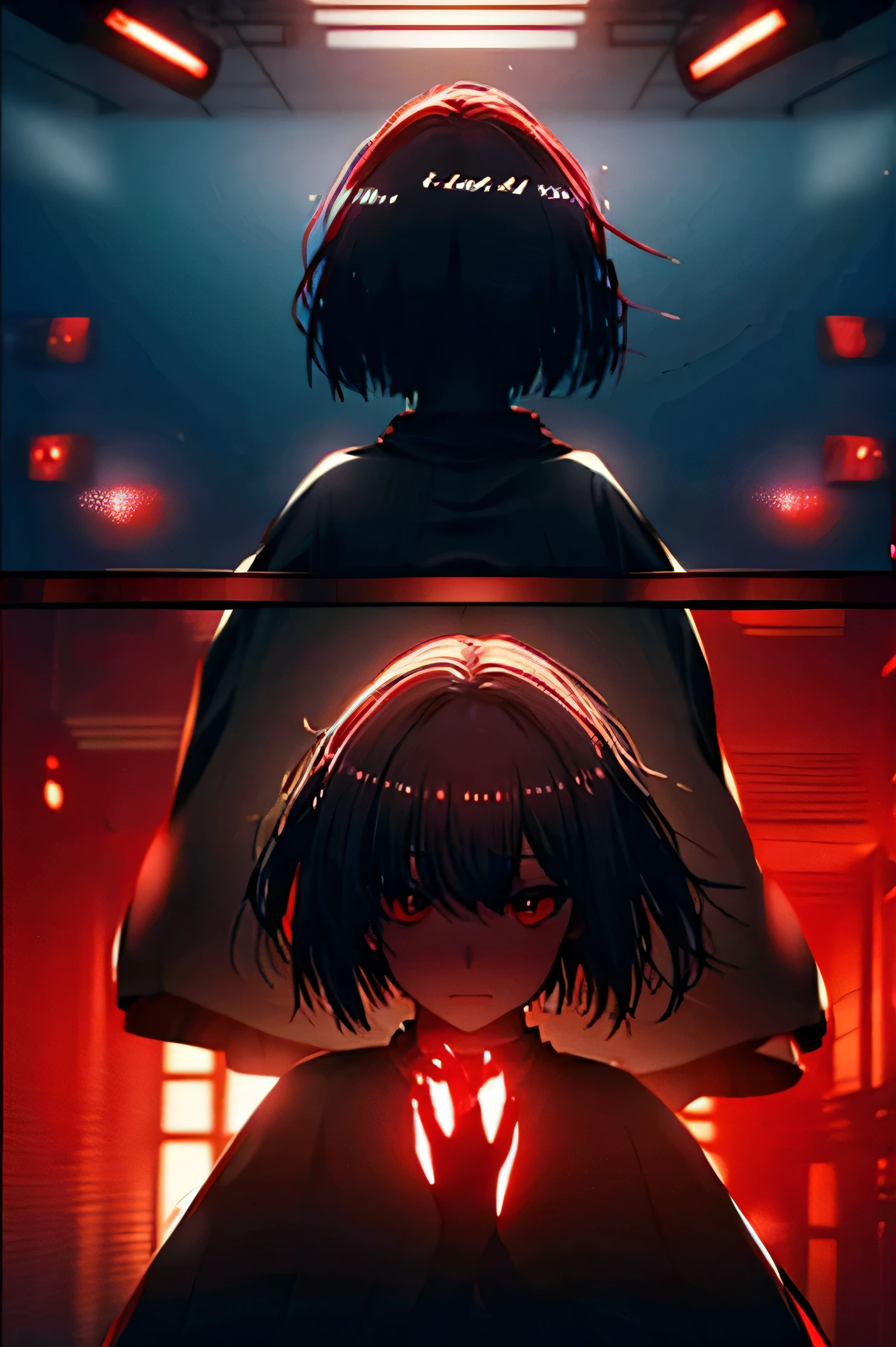 a masterpiece, a woman with red eyes stands in front of a window, beautiful eyes are visible on a large monitor screen in the background, a girl in the center, a silhouette of a girl in the center, red lighting, red eyes, blood, detailed, luminous, dim room, lighting from screens, monitor panels that depict girls, on monitor panels eyes are visible, many eyes.
