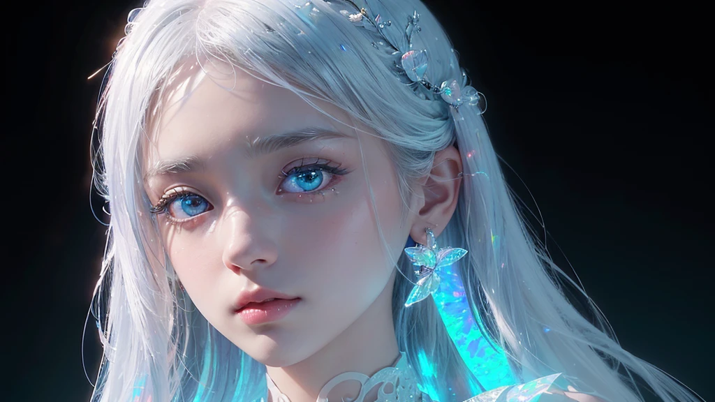 Woman close up fantasy A girl and dynamic glow reflecting on face long hairs looking at back half turned completely white background (illusion) (bioluminescent transparent(((opal knight girl))) ((very long hair)), featuring a (((black silhouette))), intricate details and opal glowing outlines that give off a (((softly glowing opal blue))), evoking a sense of mystery and fantasy (((8k, Ultra high definition, Intricate details, hyper realistic))) photo realistic, ((white background))howcasing a ((face))) in adorned with intricate ()), with a (((sophisticatedly drawn face))) that reflects a (((detailed, advanced styling process))), reminiscent of Arantza Sestayo and Gustav Doré, against a (((complex, surreal backdrop))) that defies the ordinary, with (((unusual creatures and fantastical elements))) that push the boundaries of reality, all set against a (((highly detailed, 8K environment))), where every detail is hyper-cute and precise plain white background