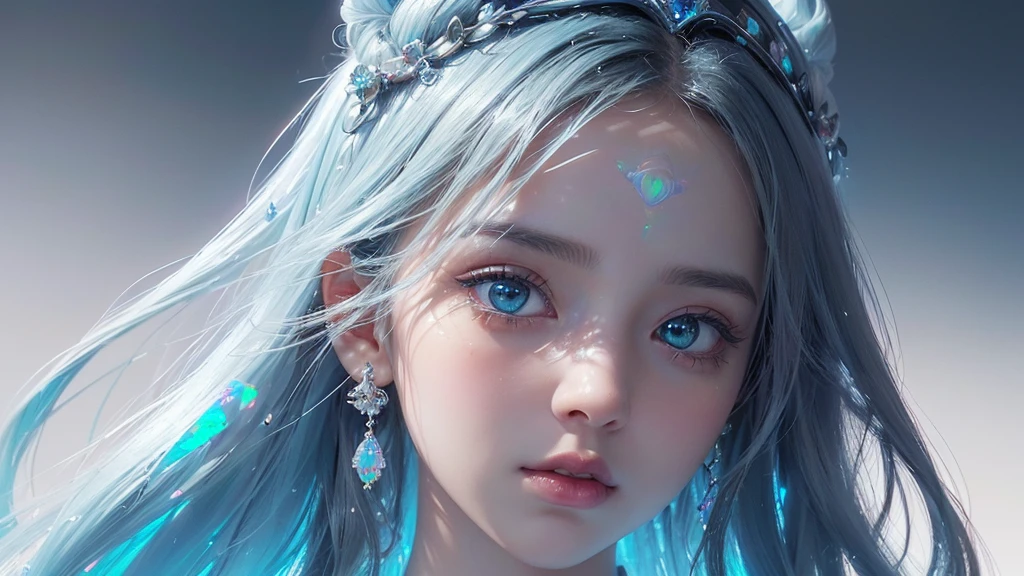 Woman close up fantasy A girl and dynamic glow reflecting on face long hairs looking at back half turned completely white background (illusion) (bioluminescent transparent(((opal knight girl))) ((very long hair)), featuring a (((black silhouette))), intricate details and opal glowing outlines that give off a (((softly glowing opal blue))), evoking a sense of mystery and fantasy (((8k, Ultra high definition, Intricate details, hyper realistic))) photo realistic, ((white background))howcasing a ((face))) in adorned with intricate ()), with a (((sophisticatedly drawn face))) that reflects a (((detailed, advanced styling process))), reminiscent of Arantza Sestayo and Gustav Doré, against a (((complex, surreal backdrop))) that defies the ordinary, with (((unusual creatures and fantastical elements))) that push the boundaries of reality, all set against a (((highly detailed, 8K environment))), where every detail is hyper-cute and precise plain white background