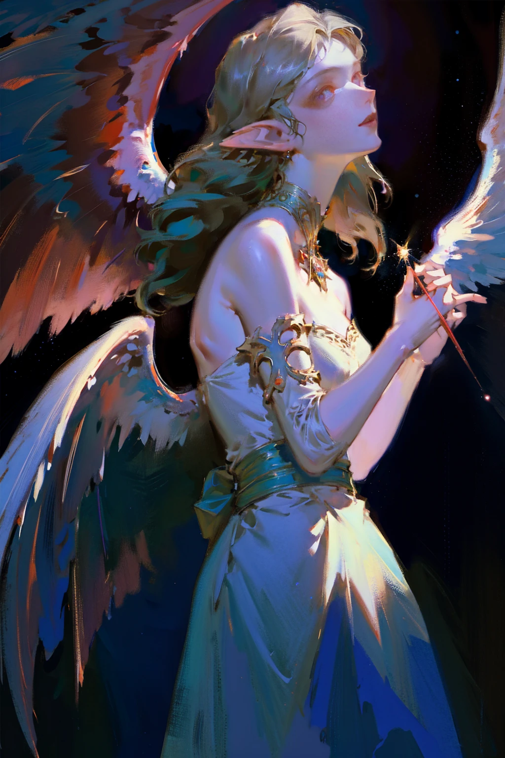 Close-up face,(The girl looks up at the stars), masterpiece, best quality, realistic illustration, regal elegant drow elf witch looking over porcelain balcony, arm support, piercing red eyes, portrait, close-up, depth of field, (light particles:1.1), bloom, HDR, night sky, Angelic, (the angel's wings), white dresseandy Jürgens (Mandy Jurgens) Realistic paintings created, Perverted, arte figurativa, Detailed depiction of the, realistically, An artwork of, contours, seen from the side, simple backgound