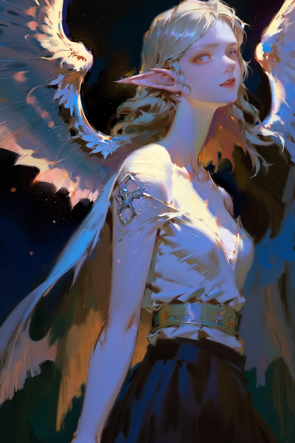 Close-up face，(The girl looks up at the stars), masterpiece, best quality, realistic illustration, regal elegant drow elf witch looking over porcelain balcony, arm support, piercing red eyes, portrait, close-up, depth of field, (light particles:1.1), bloom, HDR, night sky, Angelic, (the angel's wings), white dresseandy Jürgens (Mandy Jurgens) Realistic paintings created, Perverted, arte figurativa, Detailed depiction of the, realistically, An artwork of, contours， seen from the side， simple backgound
