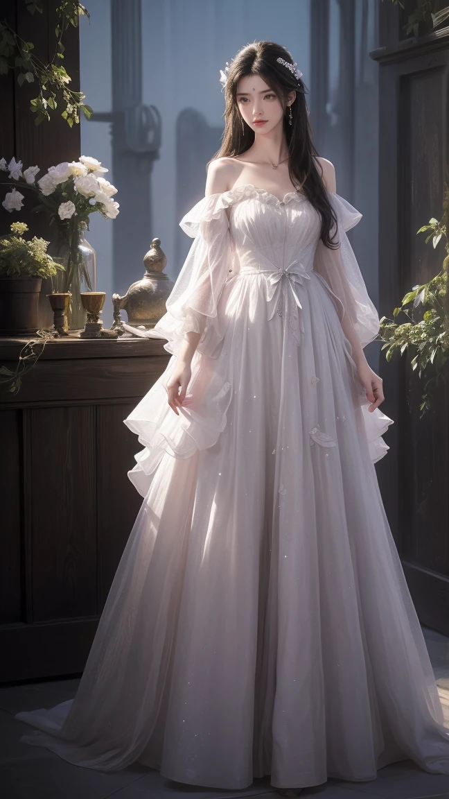 1girl, girl with long black hair, smiling, cheerful, the girl wearing white long dress, girl is standing among a wide expanse of flowers,girl posing gracefully , surrounded by beautiful flowers, Calm and peaceful atmosphere, night, moonlight , Beautiful glowing butterflies surround the girl lighting up the darkness of the night, magic,Romantic, the night breeze blows the Sepoi Sepoi girl's hair, 