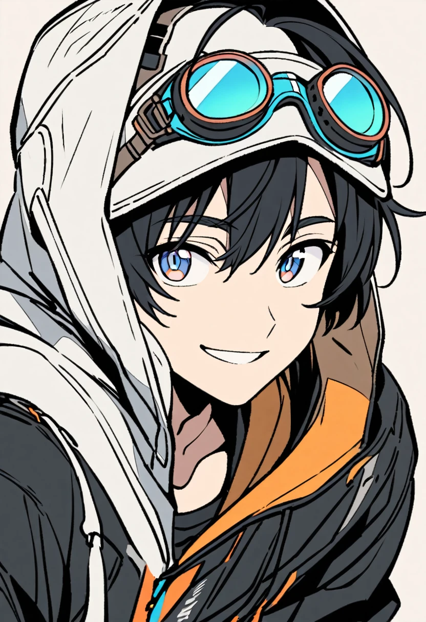 a drawing of a boy with goggles on his head, black jacket, colored, white hooddie, simple lineart,young anime man, black hair, goggles on head. Hair to one side, black jacket above the hoodie, portrait, smiling,