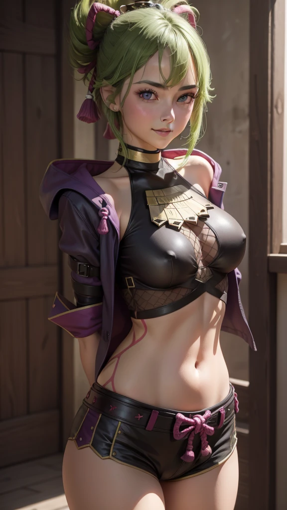 solo girl, upper body, white shirt, dark green hair, purple eyes, ((8k, hyper-realistic art, High Res)), ultra realistic, blushing, smiling at viewer