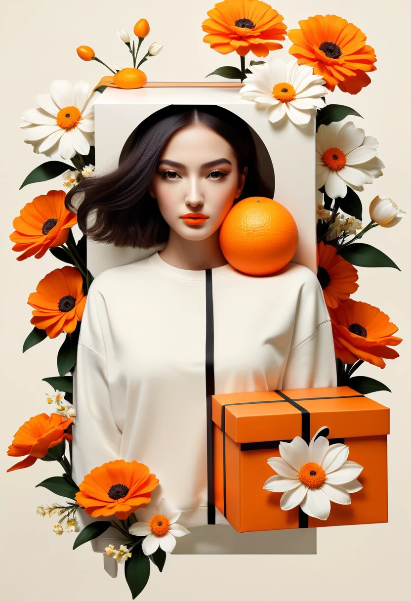 poster design,The face is a giant orange gift box,Flowers,Ribbon,White crewneck shirt,fantasy,modern,Minimalism,fantasy,science and technology,in style of Hayv Kahraman