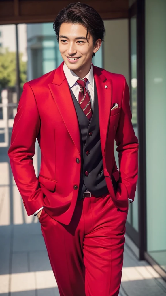 Crimson suit,(Highest quality、Best picture quality、16k high resolution)、Japan、handsome man、30 years old、Happy young Japan businessman president、Very attractive businessman, (((red suit:1.5)))、Masterpiece、Realistic photos、blurred background、Big smile、Latest stylish suits 、medium hair、Really cool、blink、Soft skin and a perfectly beautiful face、8K、Surreal、